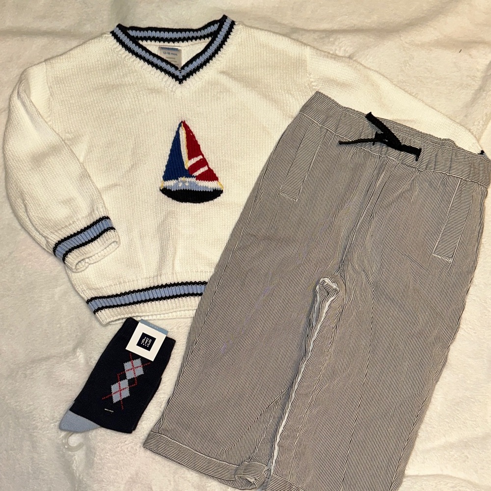 EASTER DRESSY GYMBOREE SAILBOAT SWEATER BABY GAP PINSTRIPED PANTS SOCKS 12-18 m